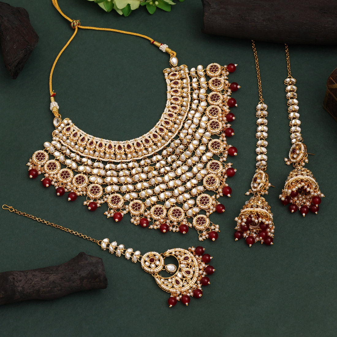 Kundan Necklace with Earrings &amp; Tikka - gold | Red