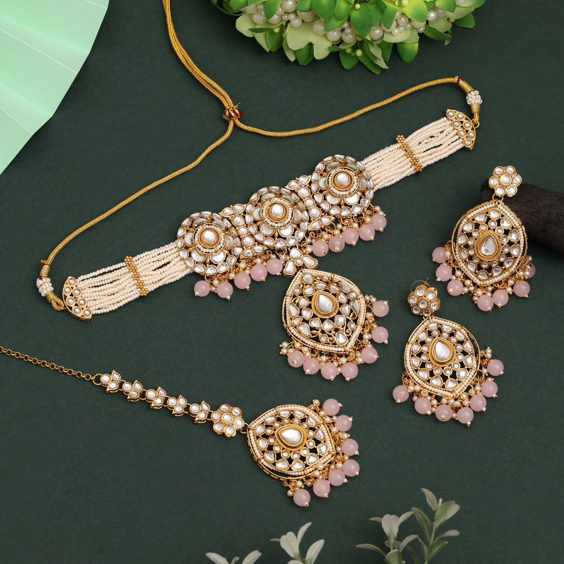 Kundan Necklace with Earrings &amp; Tikka - gold | white