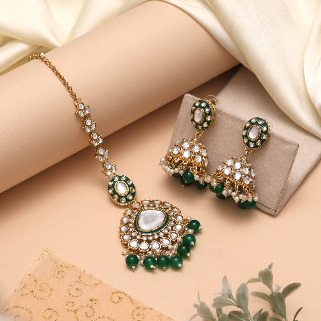 Kundan Long necklace with earrings &amp; Tikka - gold | Green | Pearls - Long