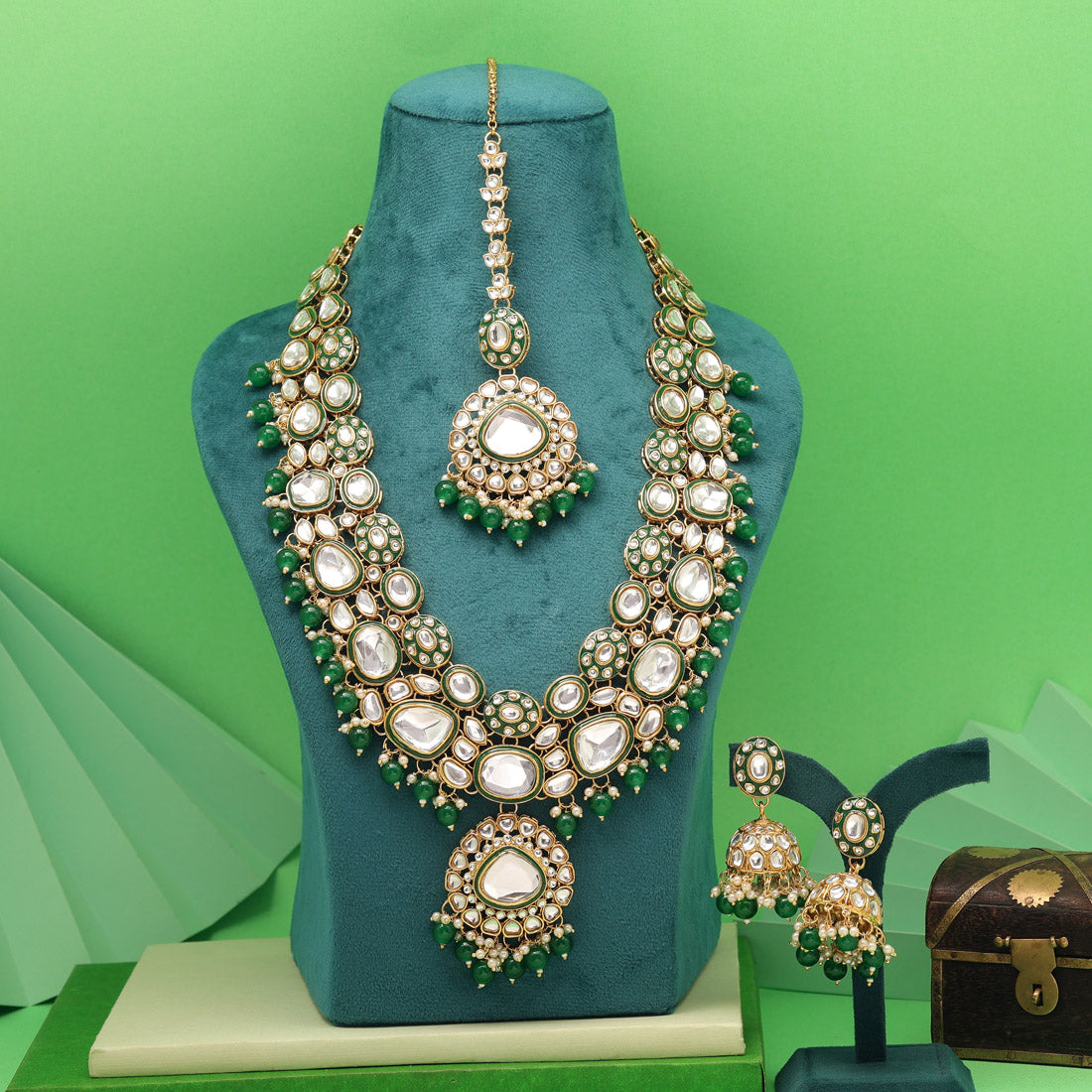 Kundan Long necklace with earrings &amp; Tikka - gold | Green | Pearls - Long