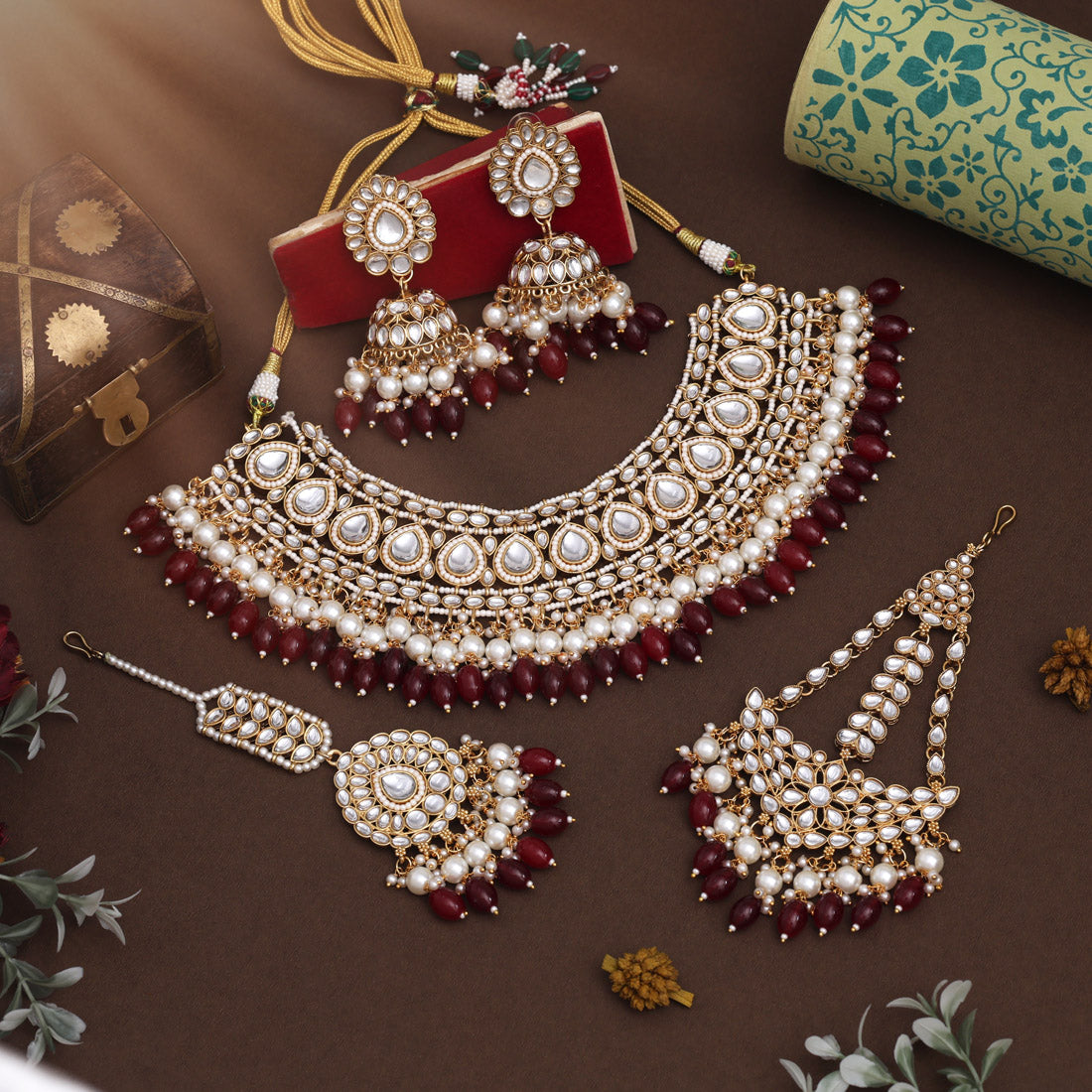 Kundan Necklace with Earrings &amp; Tikka - gold | Red