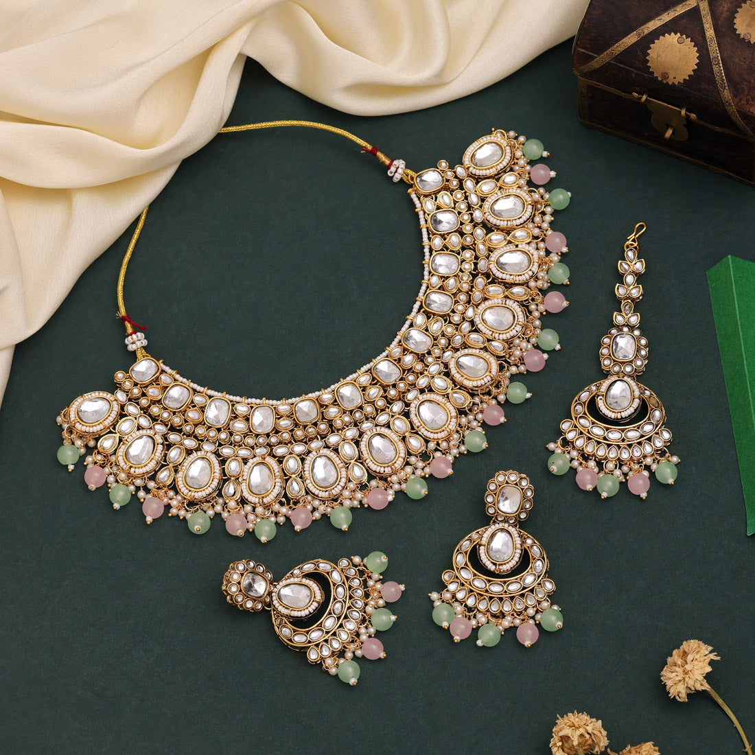 Kundan Halskette mit Ohrringe & Tikka - gold | mint , rosa