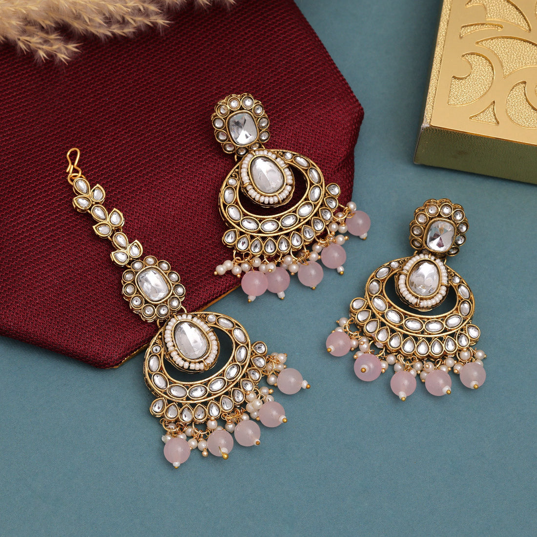 Kundan Halskette mit Ohrringe & Tikka - gold |  rosa