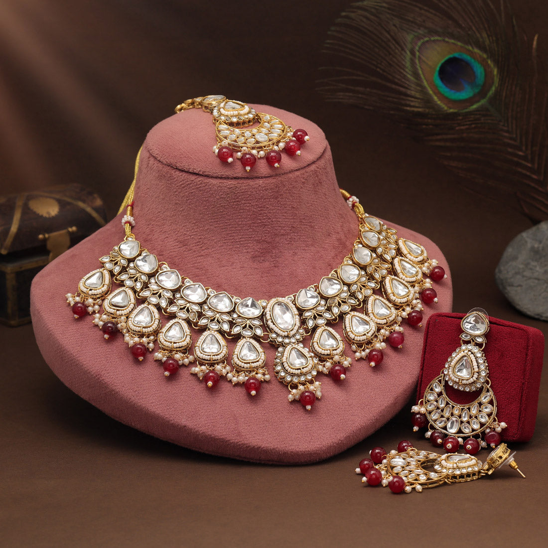 Kundan Necklace with Earrings &amp; Tikka - gold | Red