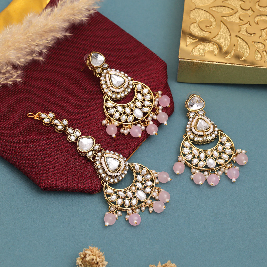 Kundan Halskette mit Ohrringe & Tikka - gold |  rosa