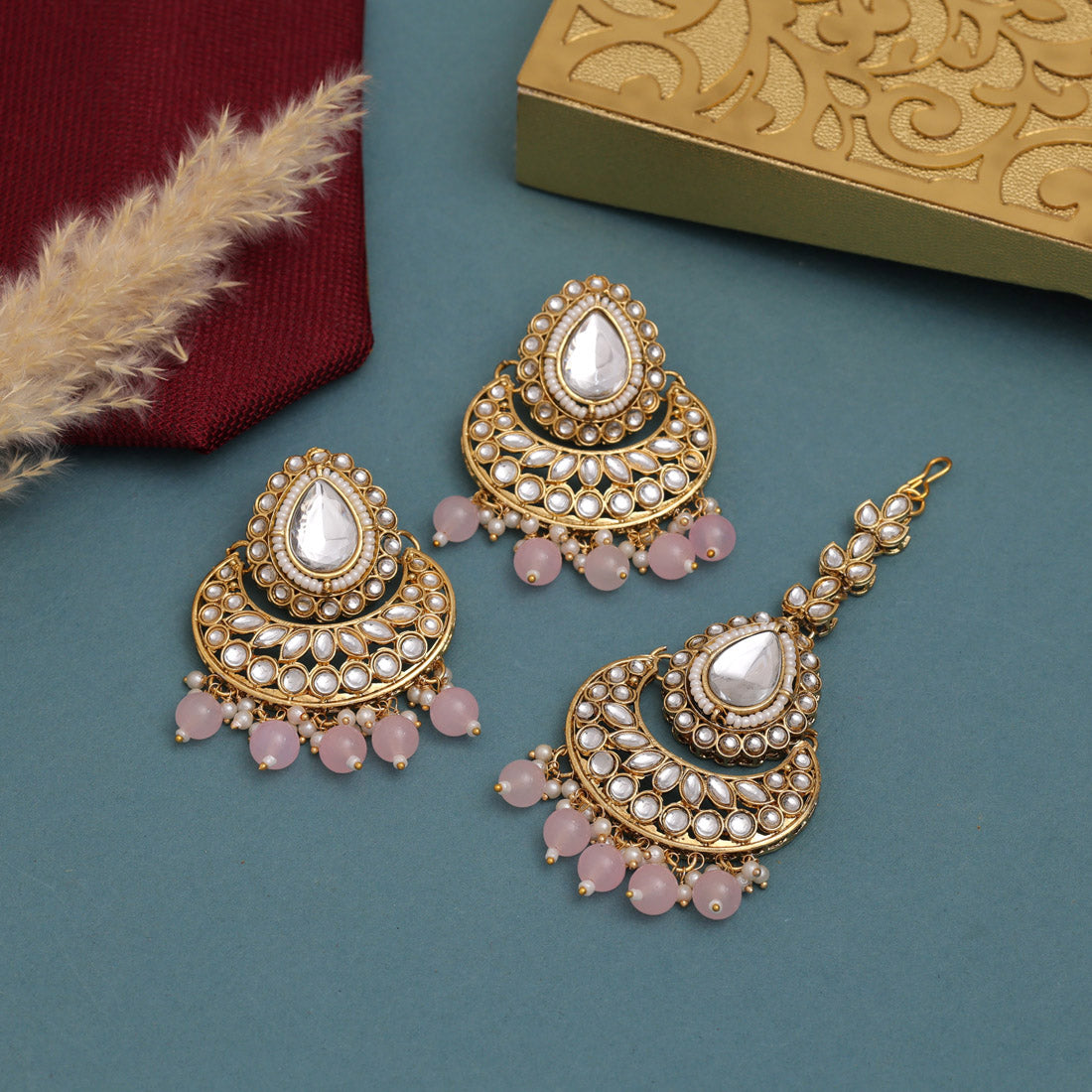 Kundan Halskette mit Ohrringe & Tikka - gold |  rosa