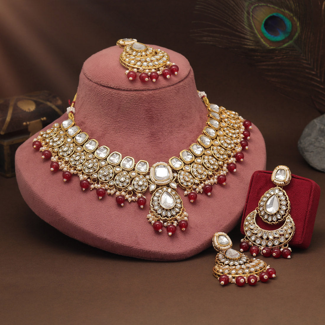 Kundan Necklace with Earrings &amp; Tikka - gold | Red