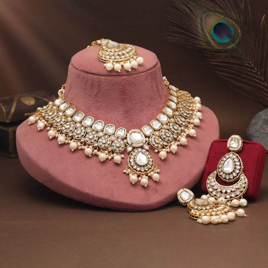 Kundan Necklace with Earrings &amp; Tikka - gold | Red