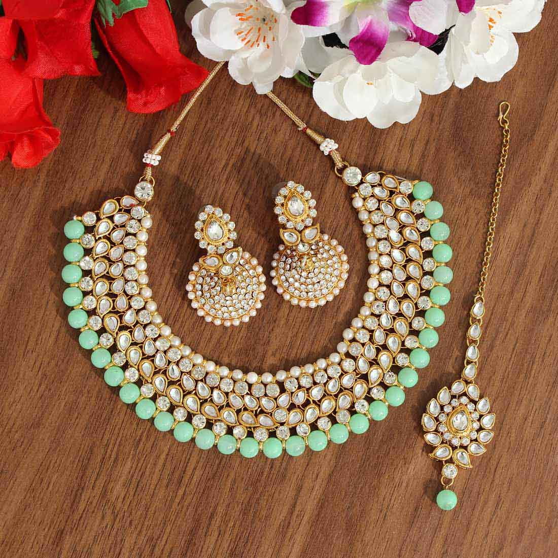 Kundan Necklace with Earrings &amp; Tikka - gold | Red