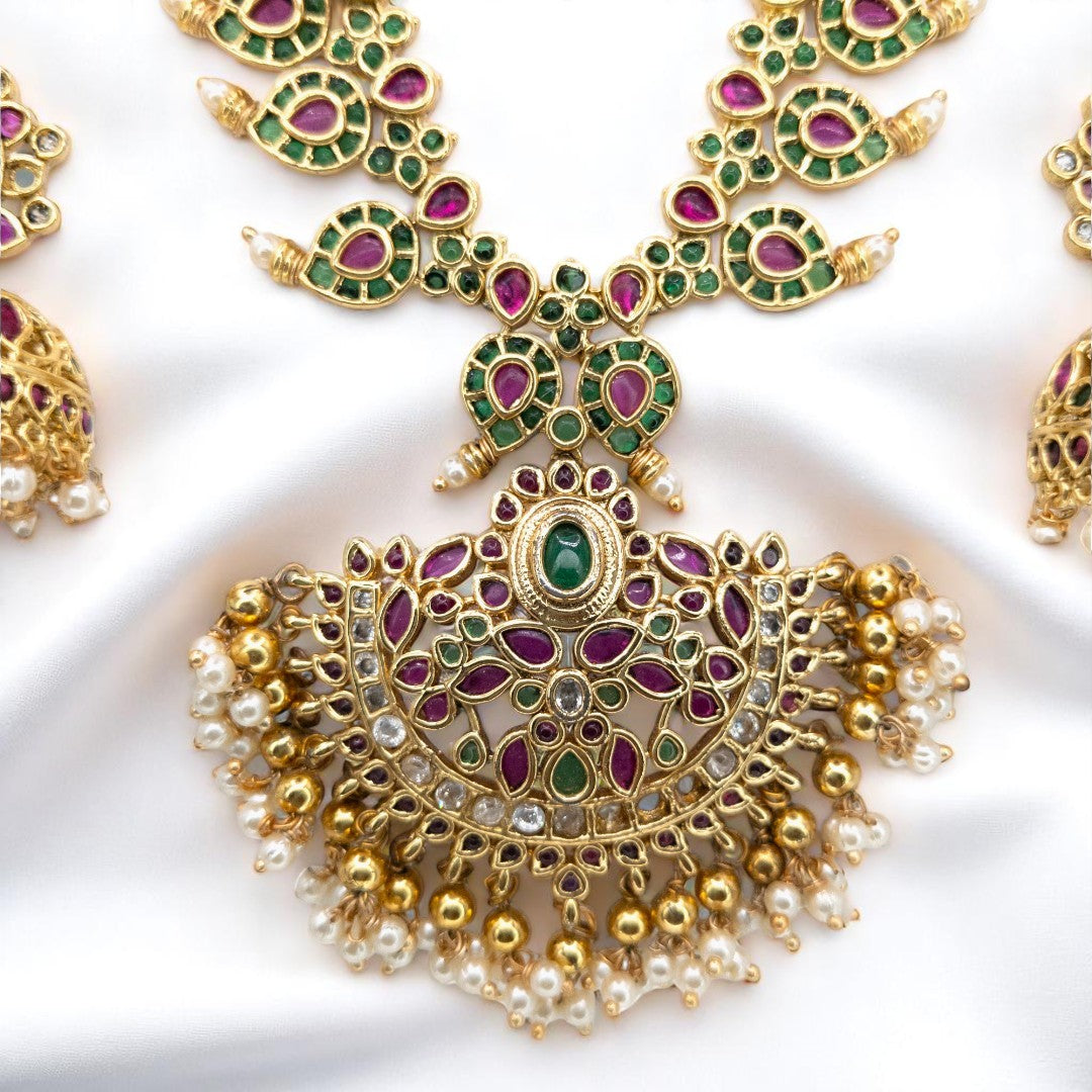 Tempel Halskette mit Ohrringe - gold | magenta, grün - Kemp steine