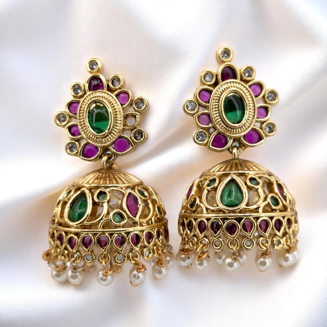 Tempel Halskette mit Ohrringe - gold | magenta, grün - Kemp steine