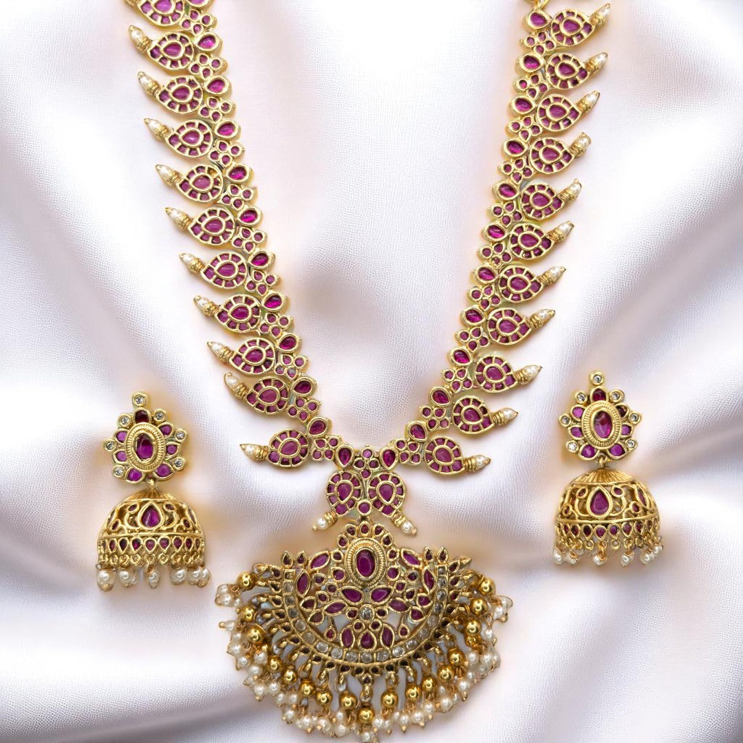 Tempel Halskette mit Ohrringe - gold | magenta  - Kemp steine