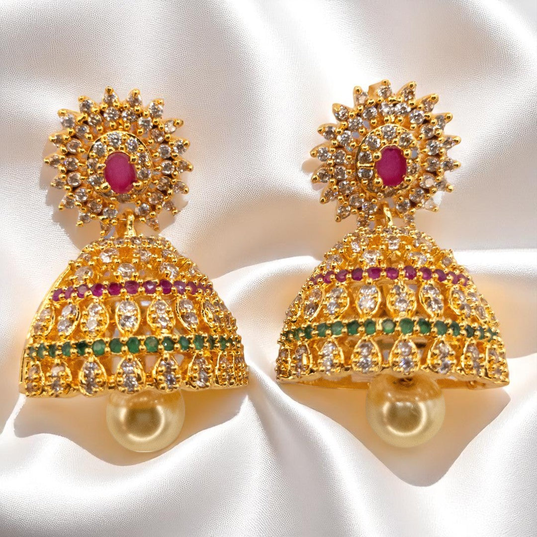 Jumkha Ohrringe - AD steine - Gold | Grün, Magenta