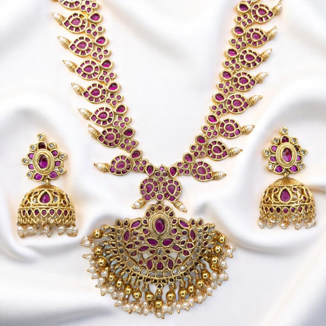 Tempel Halskette mit Ohrringe - gold | magenta  - Kemp steine