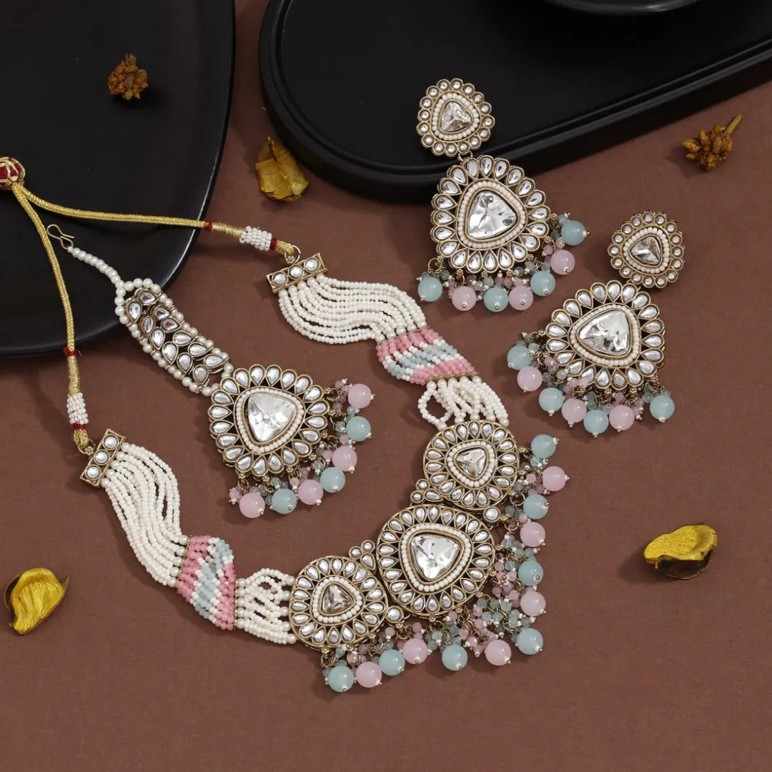 Kundan Halskette mit Ohrringe & Tikka - gold | mint | Rosa