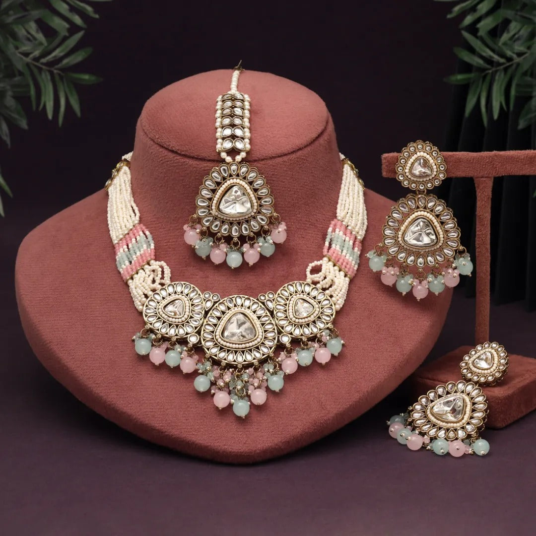 Kundan Halskette mit Ohrringe & Tikka - gold | mint | Rosa