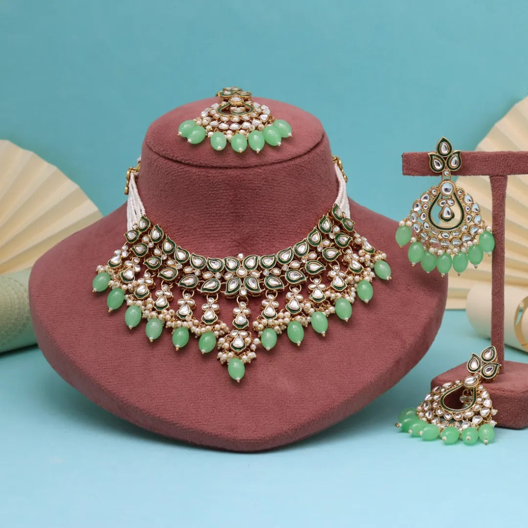 Kundan Halskette mit Ohrringe & Tikka - gold | mint