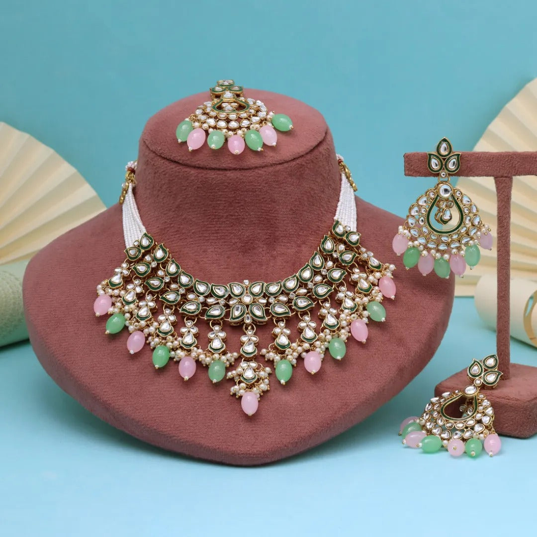 Kundan Halskette mit Ohrringe & Tikka - gold | Rosa | mint