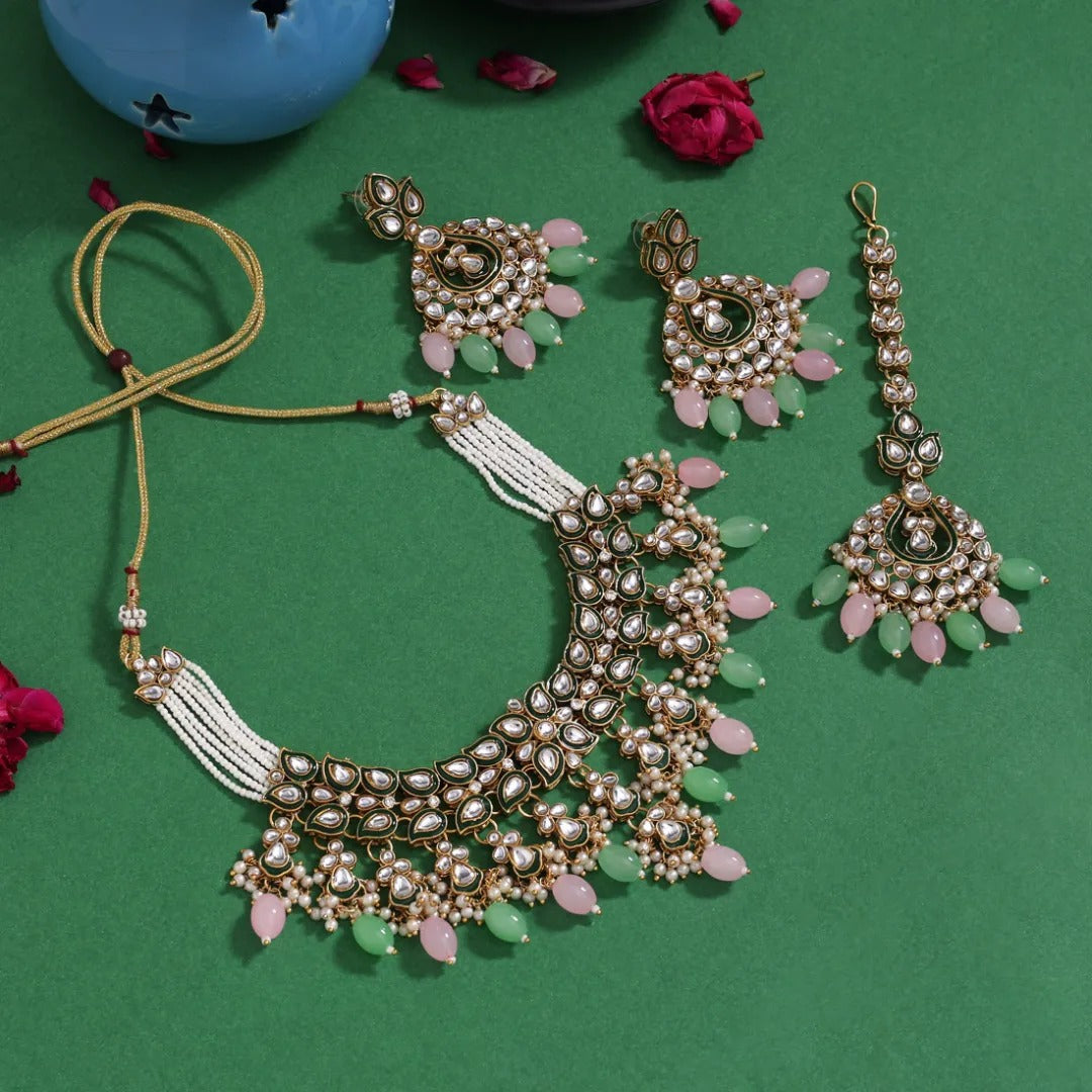 Kundan Halskette mit Ohrringe & Tikka - gold | Rosa | mint