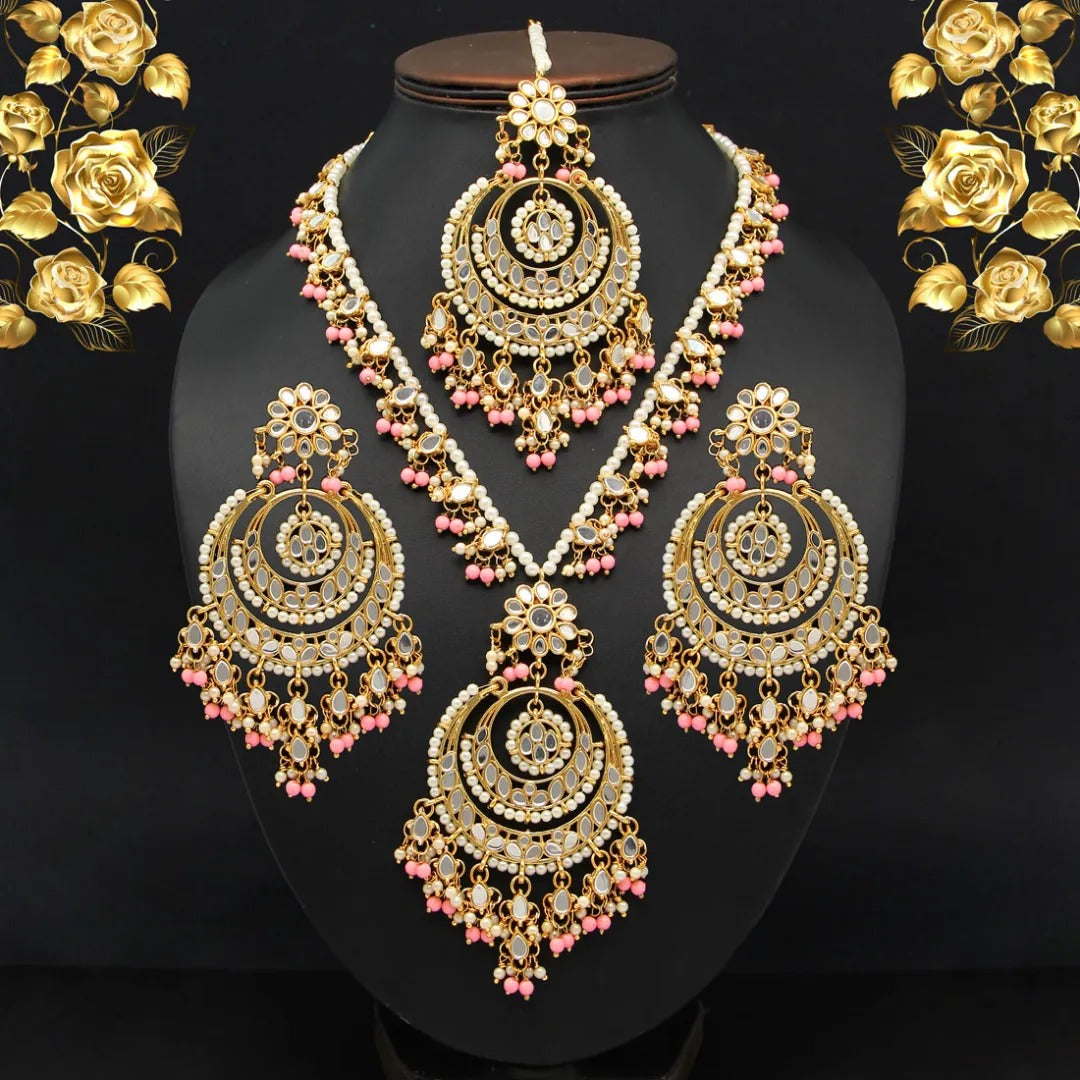 Kundan Mirror Halskette mit Ohrringe & Tikka - gold | Rosa