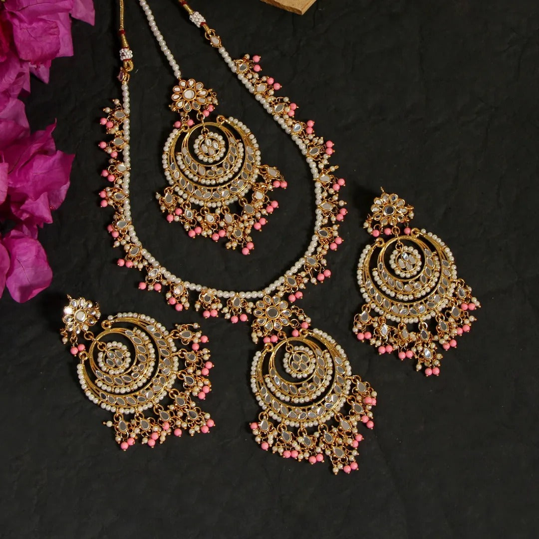 Kundan Mirror Halskette mit Ohrringe & Tikka - gold | Rosa