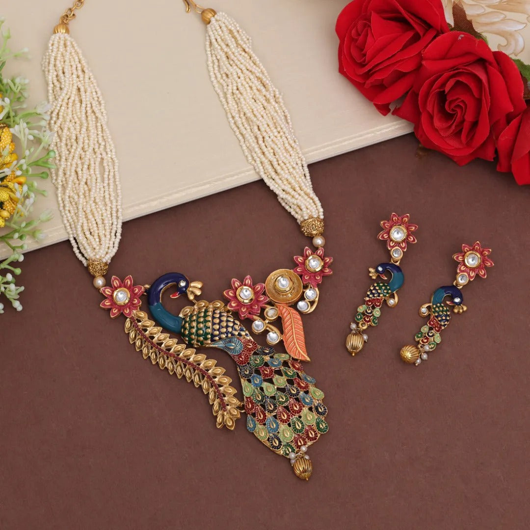 Kundan Kette lang mit Ohrringe - Weiß| Perlen - Lange