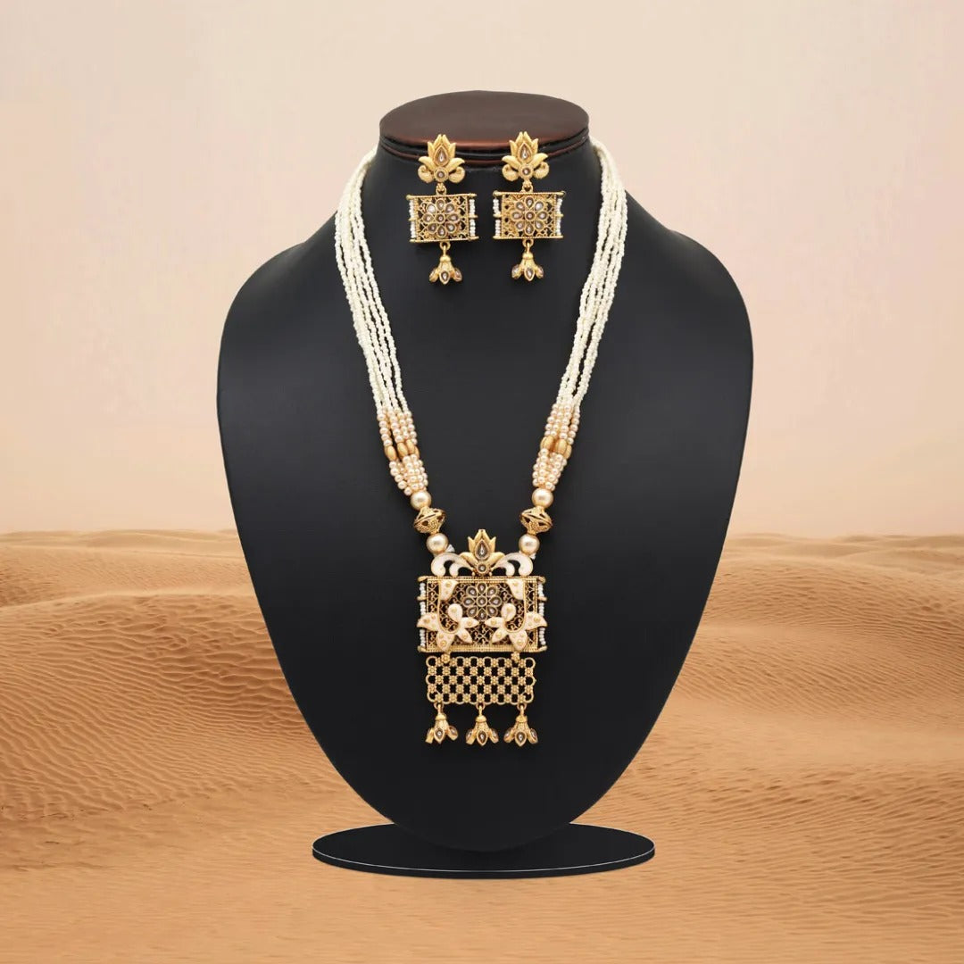 Kundan Kette lang mit Ohrringe - Weiß| Perlen - Lange