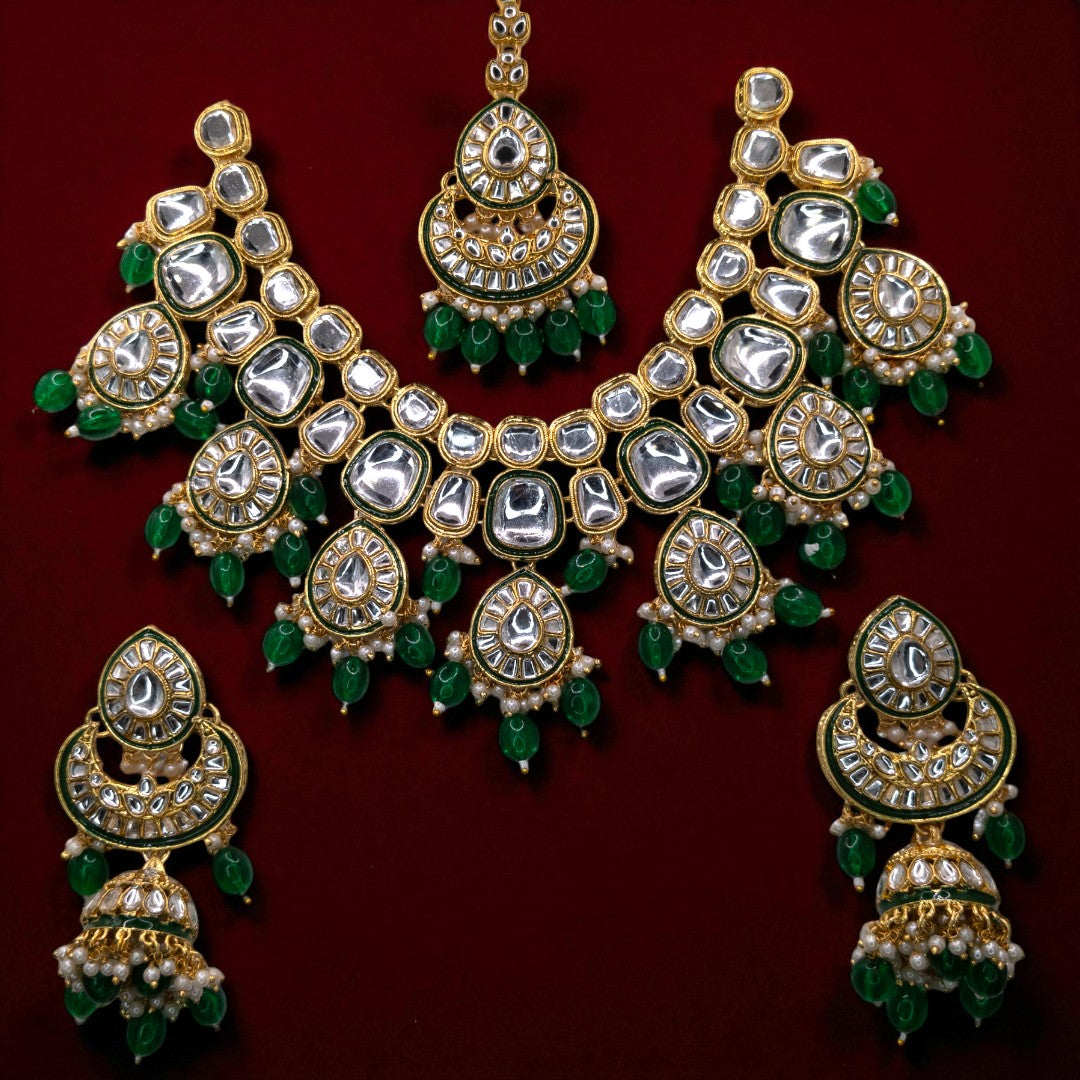 Kundan Halskette mit Ohrringe & Tikka - gold |grün