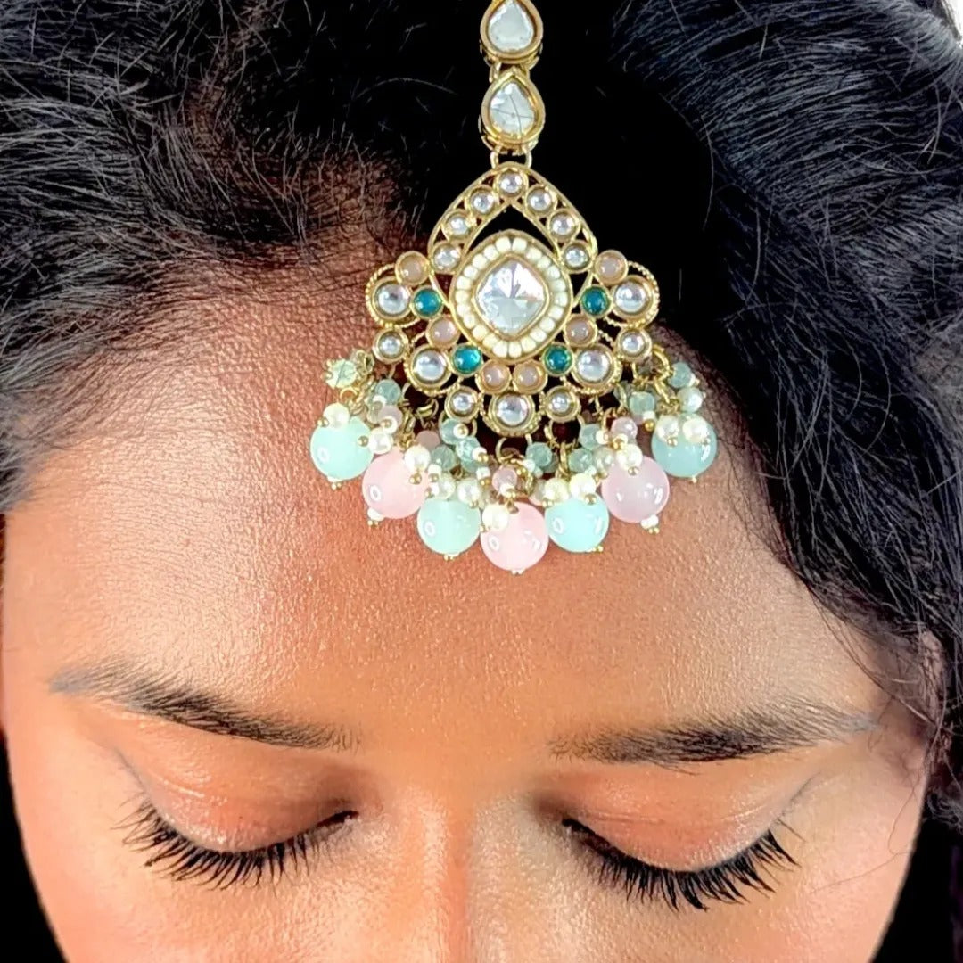 Kundan Halskette mit Ohrringe & Tikka - gold | Rosa Mint