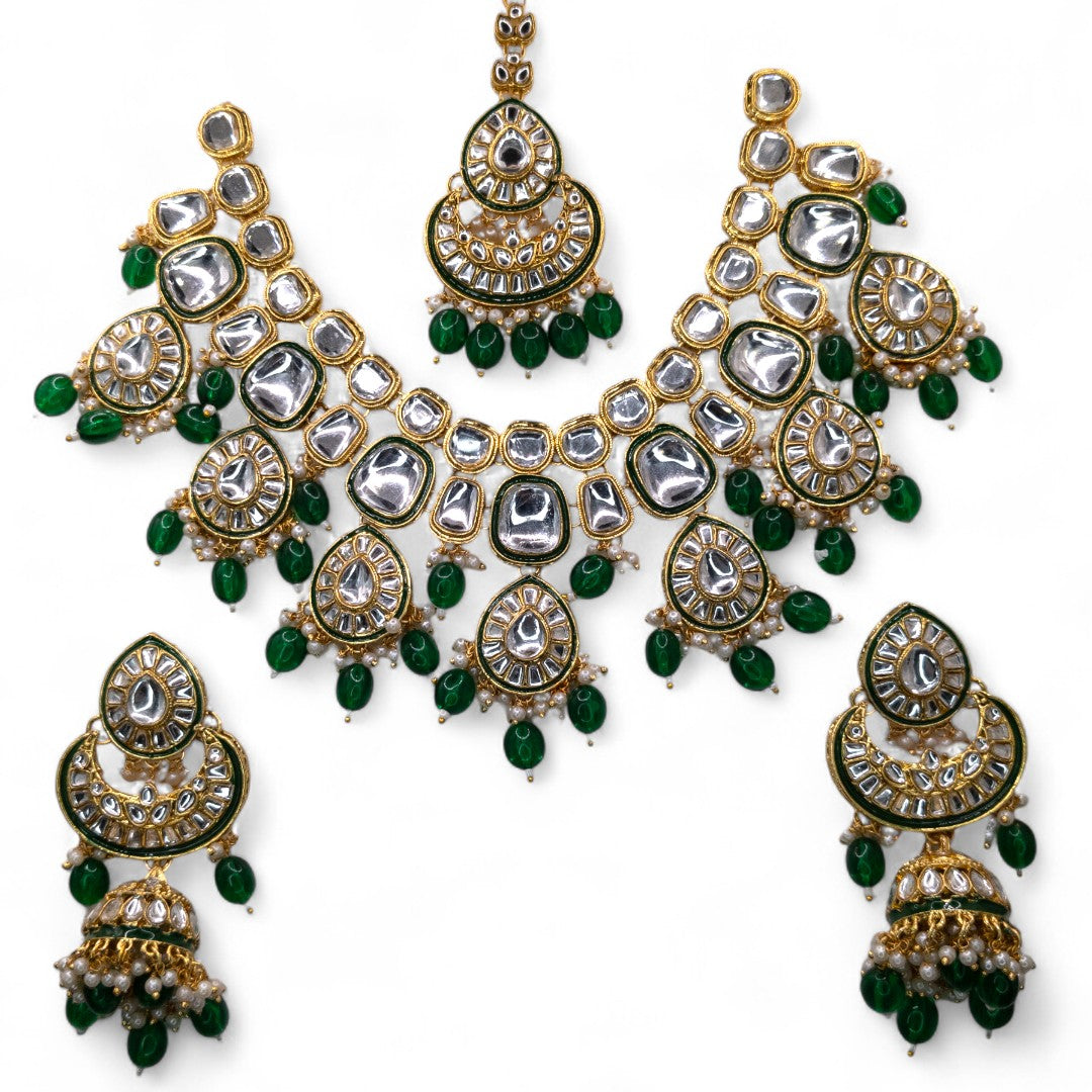 Kundan Halskette mit Ohrringe & Tikka - gold |grün