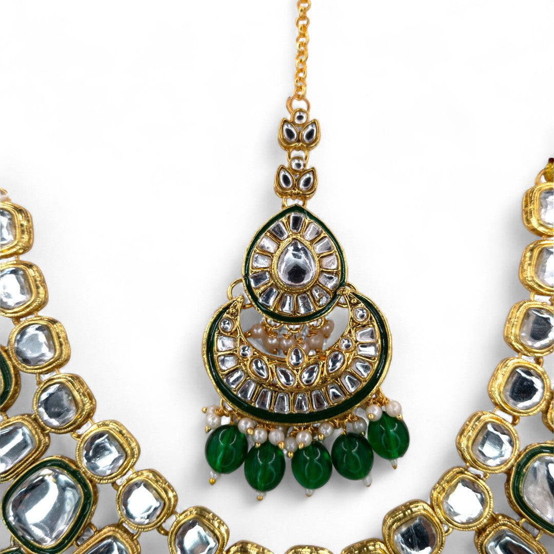 Kundan Halskette mit Ohrringe & Tikka - gold |grün