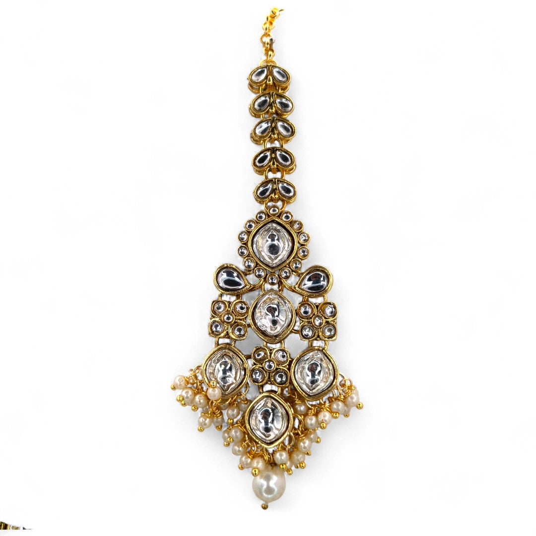 Kundan Choker Halskette mit Ohrringe & Tikka - gold | weiß