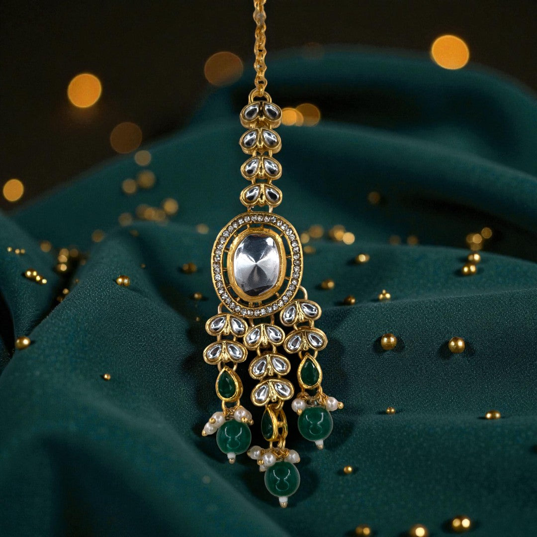 Kundan Halskette mit Ohrringe & Tikka - gold | grün