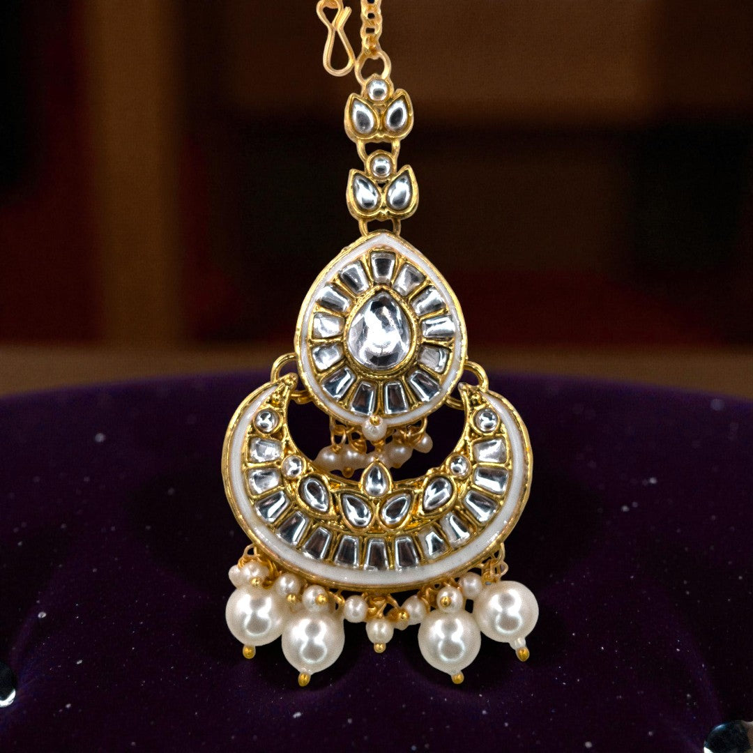 Kundan Halskette mit Ohrringe & Tikka - gold | weis