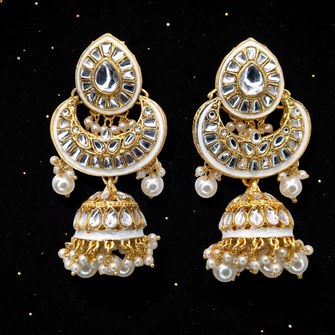 Kundan Halskette mit Ohrringe & Tikka - gold | weis