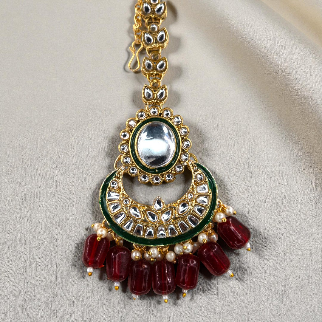 Kundan Choker Halskette mit Ohrringe & Tikka - gold | maroon