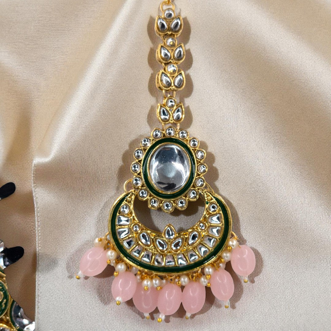 Kundan Choker Halskette mit Ohrringe & Tikka - gold | rosa