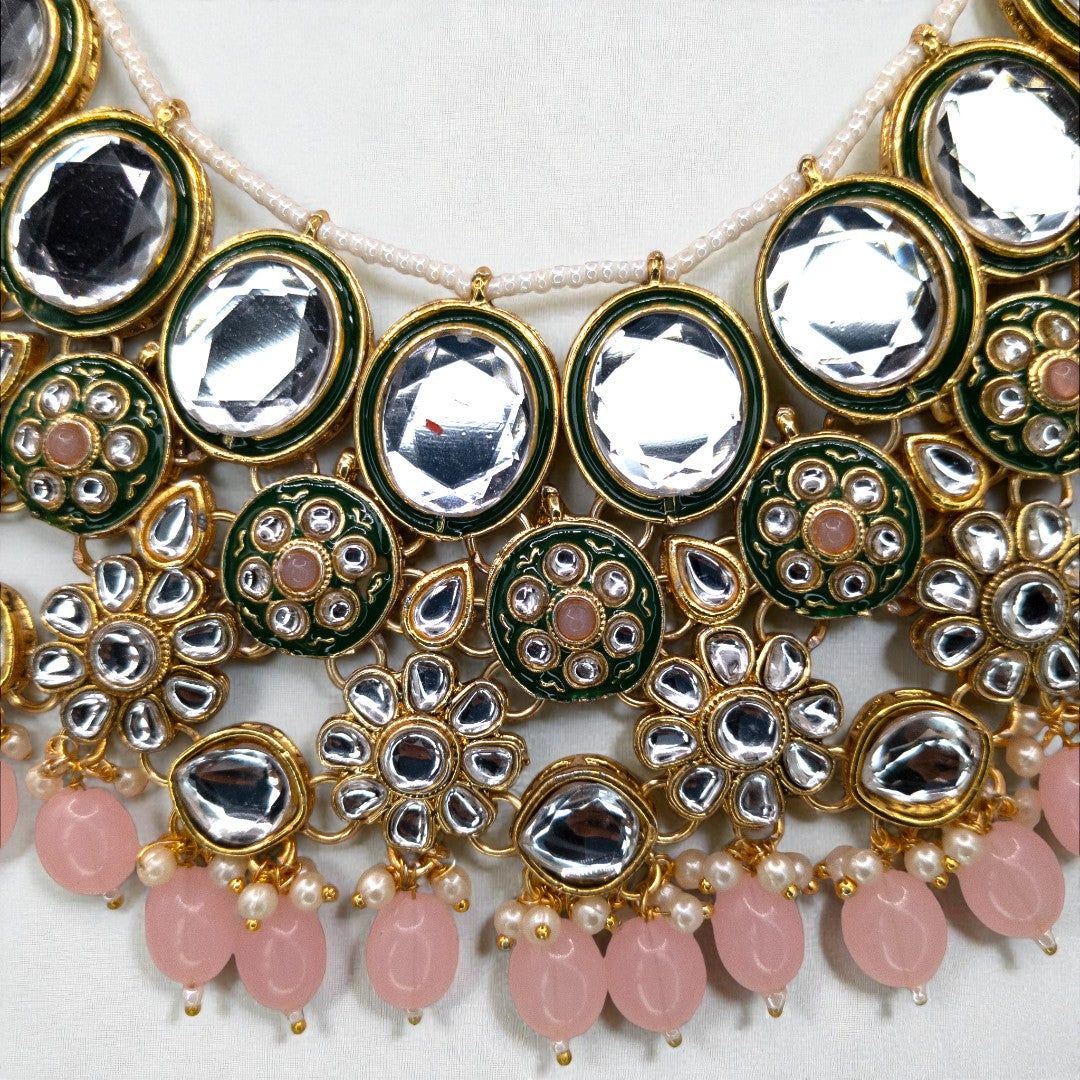 Kundan Choker Halskette mit Ohrringe & Tikka - gold | rosa