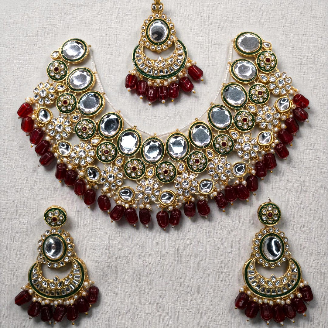 Kundan Choker Halskette mit Ohrringe & Tikka - gold | maroon