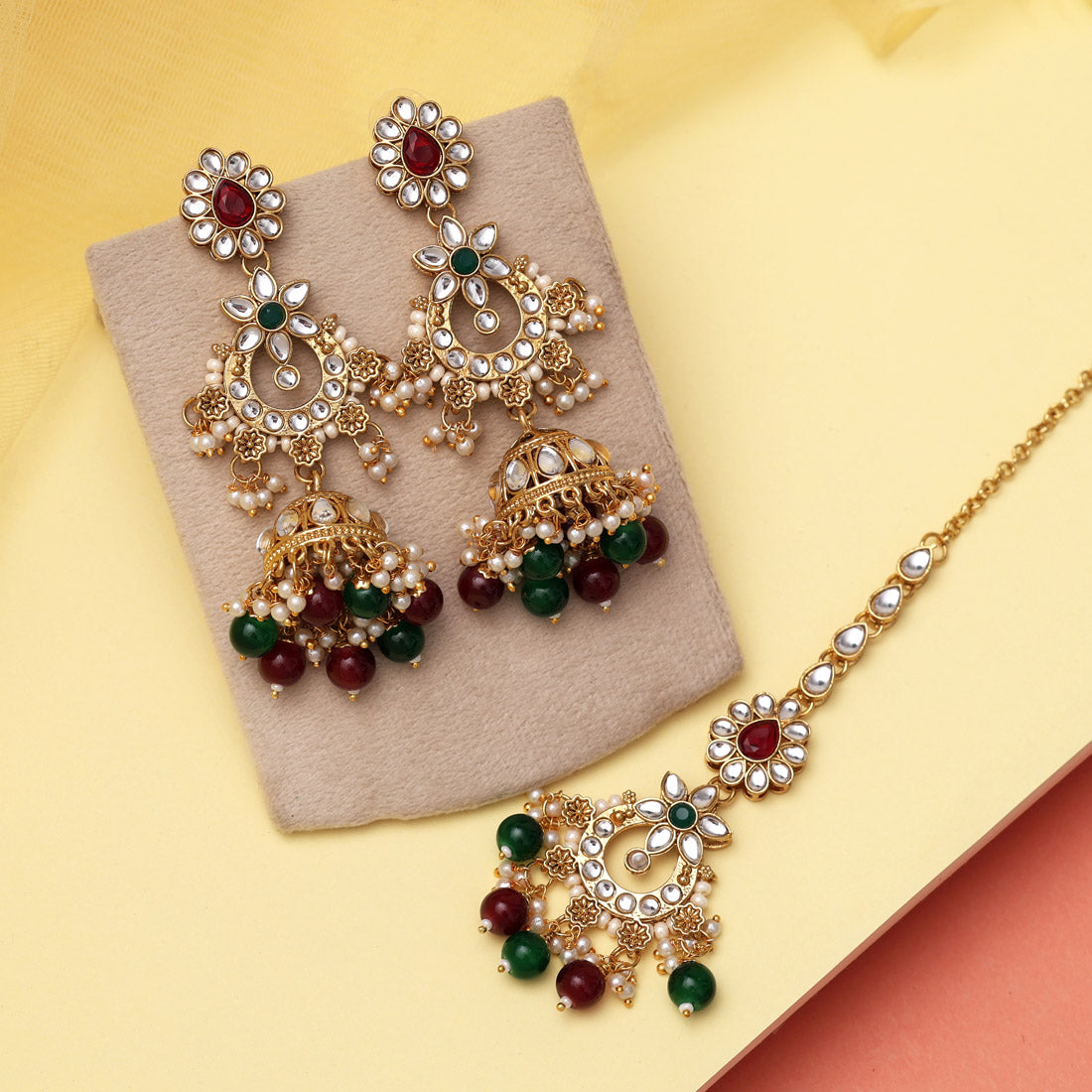 Kundan Ohrringe mit Tikka - Jumkha | gold | rot ,grün