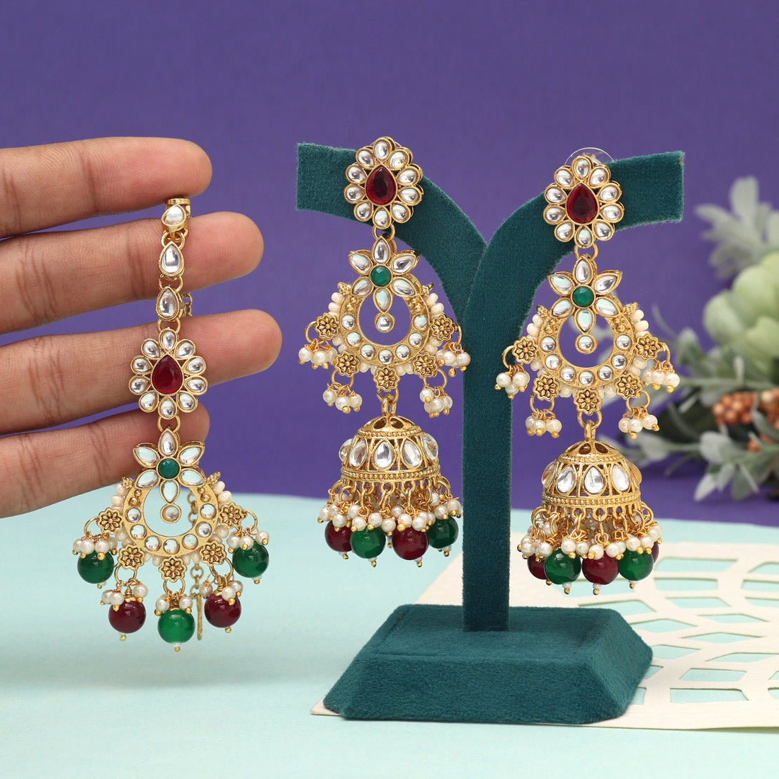 Kundan Ohrringe mit Tikka - Jumkha | gold | rot ,grün