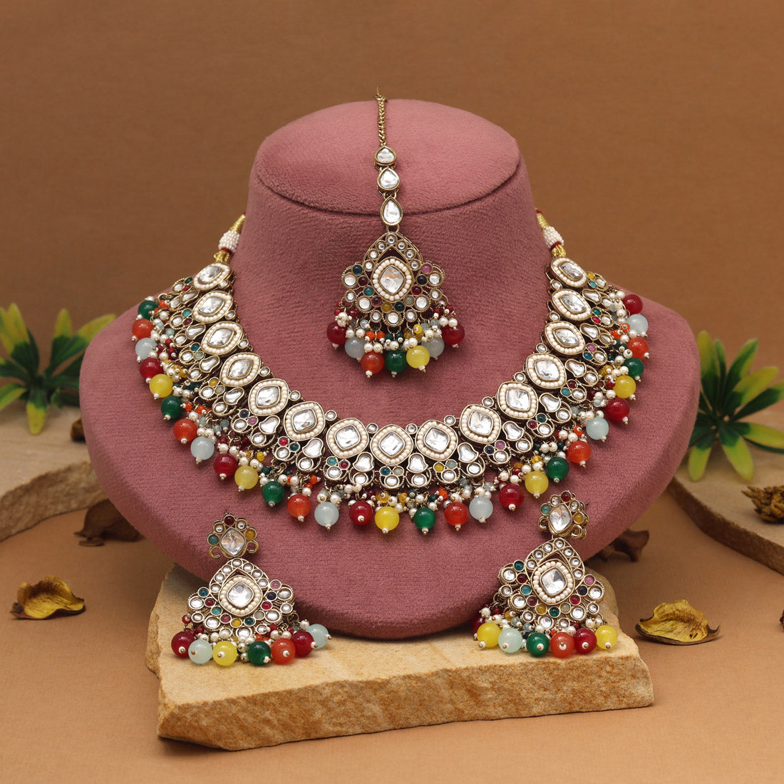 Kundan Halskette mit Ohrringe & Tikka - gold | multi color
