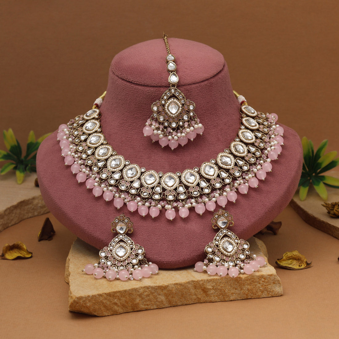 Kundan Halskette mit Ohrringe & Tikka - gold | Rosa