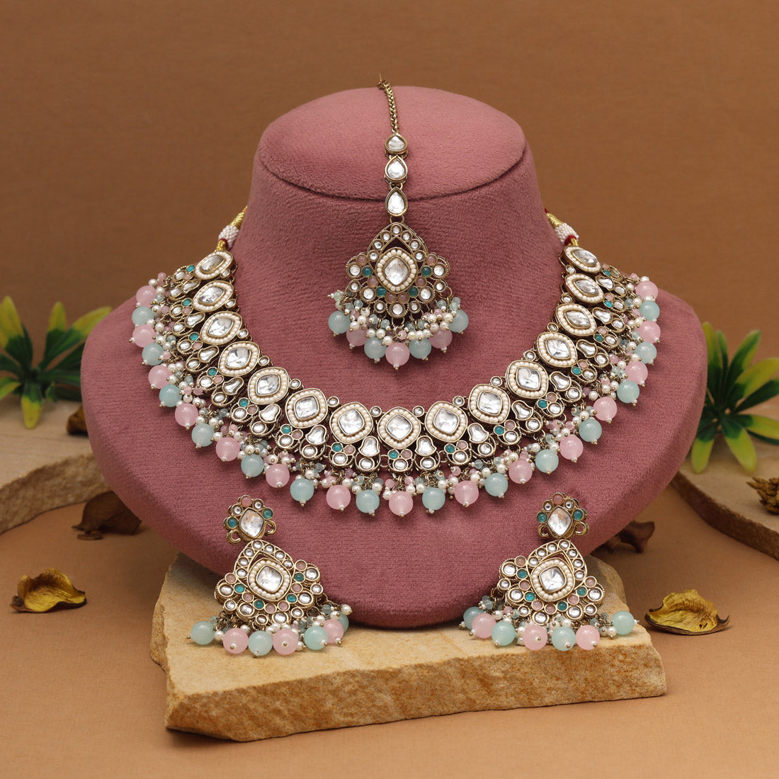 Kundan Halskette mit Ohrringe & Tikka - gold | Rosa Mint