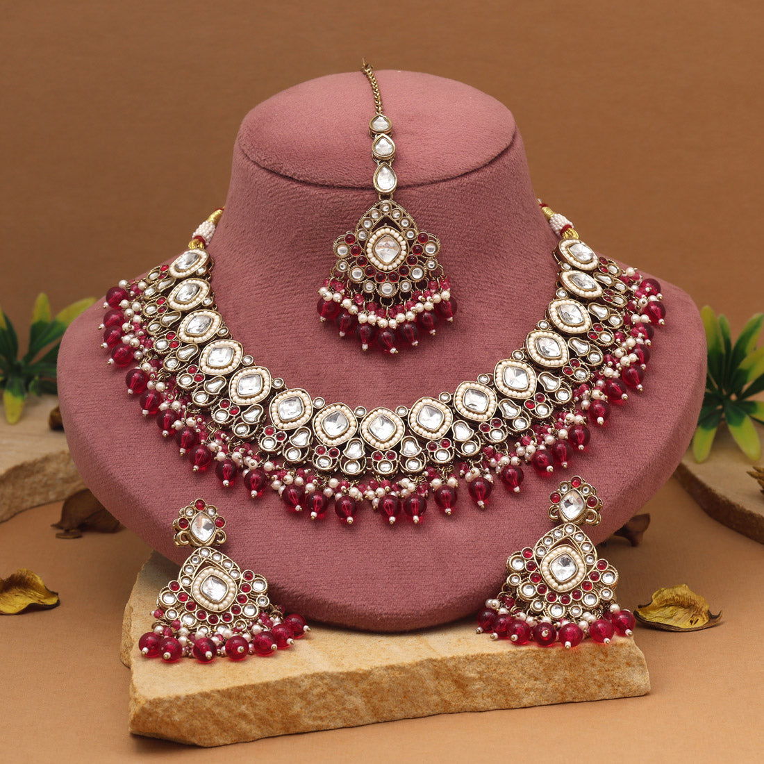 Kundan Halskette mit Ohrringe & Tikka - gold | magenta (Lila)
