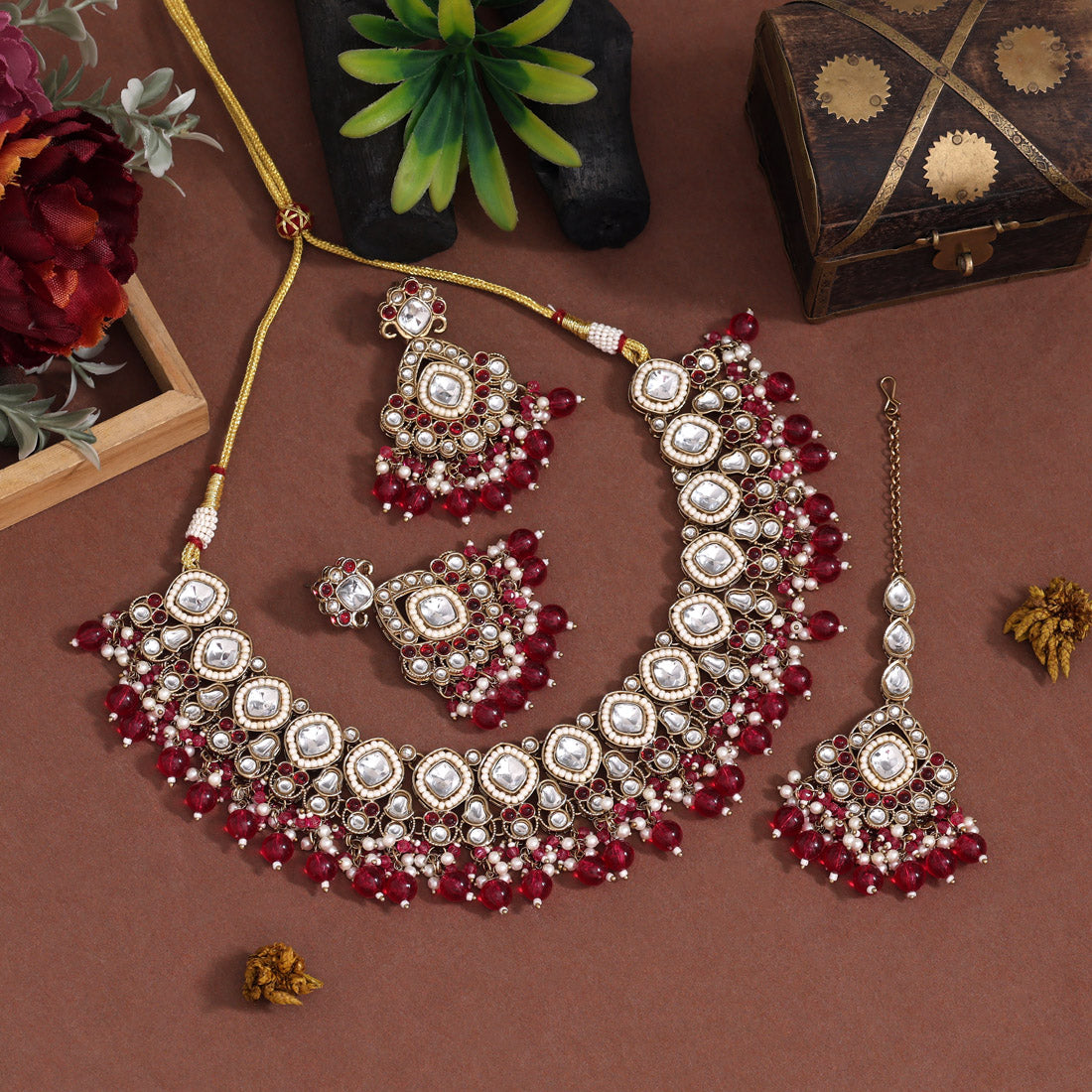 Kundan Halskette mit Ohrringe & Tikka - gold | magenta (Lila)