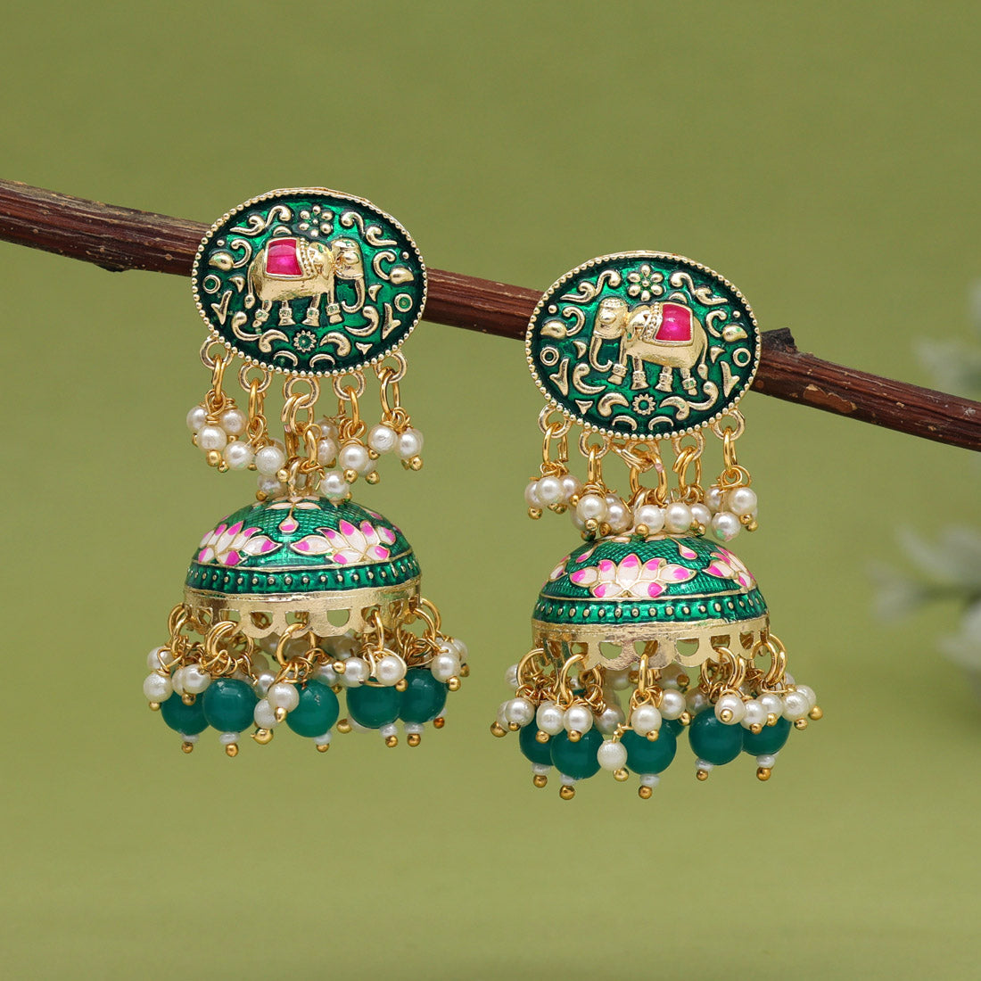Meenakari Ohrringe - Jumkha | gold | grün