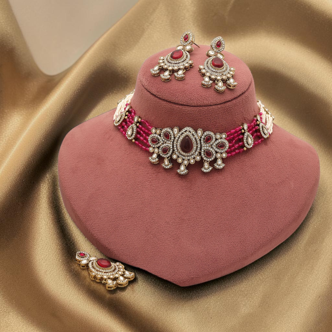 Kundan Halskette mit Ohrringe & Tikka - gold | Rani