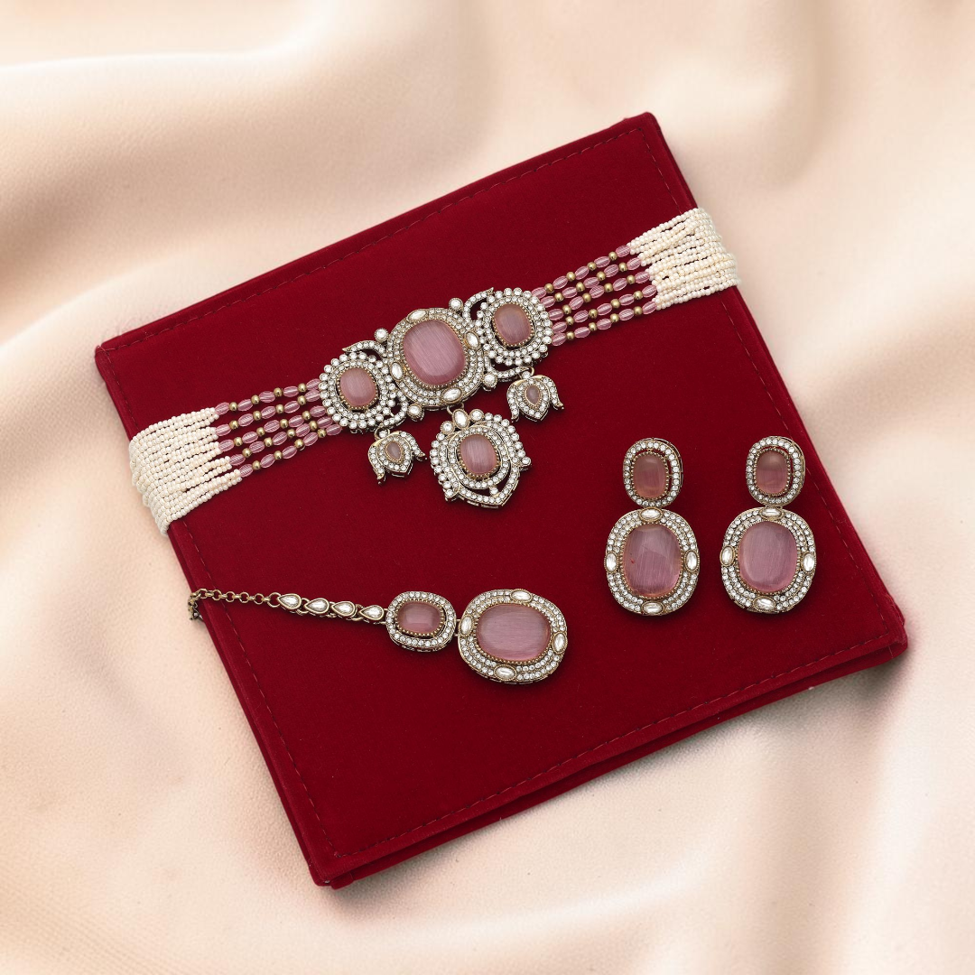 Kundan Halskette mit Ohrringe & Tikka - gold | rosa