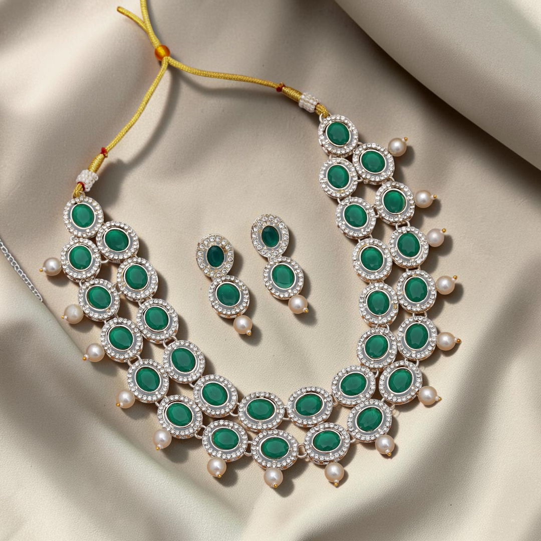 Kundan Necklace with Earrings &amp; Tikka - gold | white